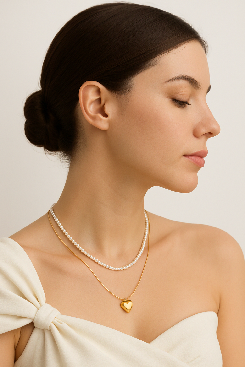 Amour Pearl Layered Heart Necklace - Anti Tarnish gold Finish